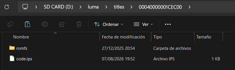 Installation example of the code.ips patch.